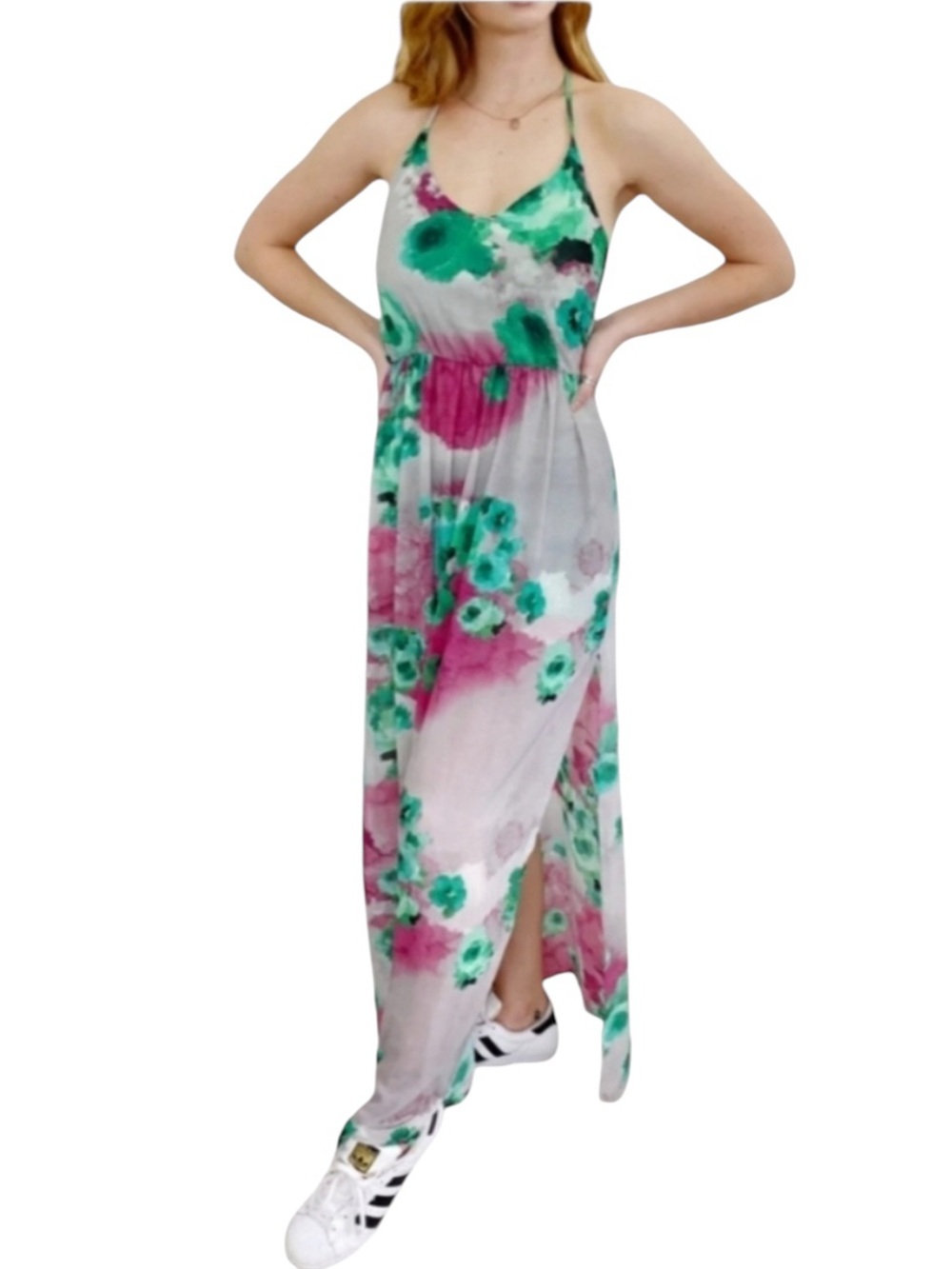 90s Floral Pink & Green Maxi Dress with Spaghetti Straps Small